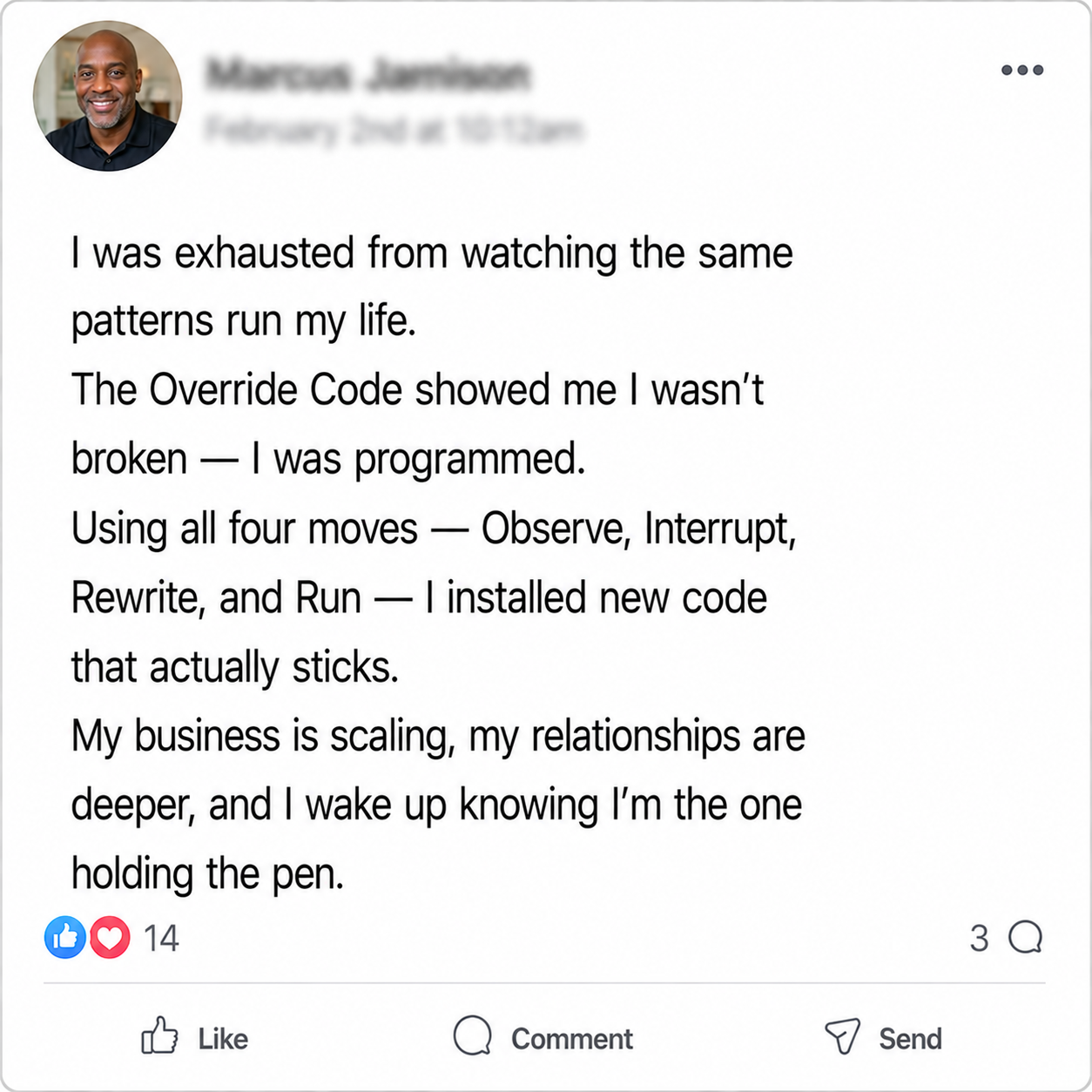 Facebook testimonial from Marcus Jamison