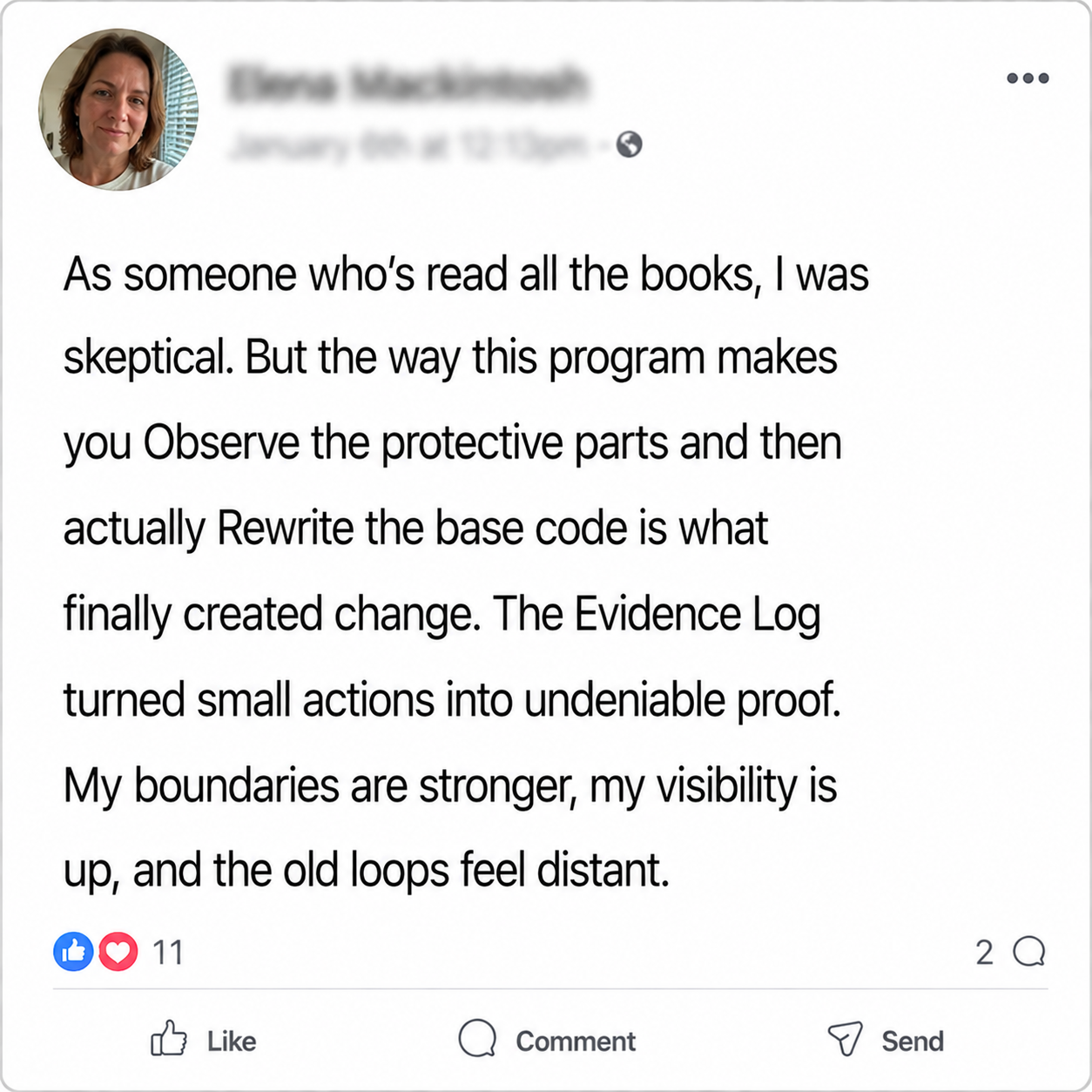 Facebook testimonial from Elena Mackintosh