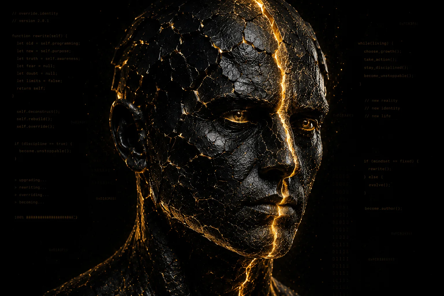 A cracked black-and-gold head overlaid with lines of code