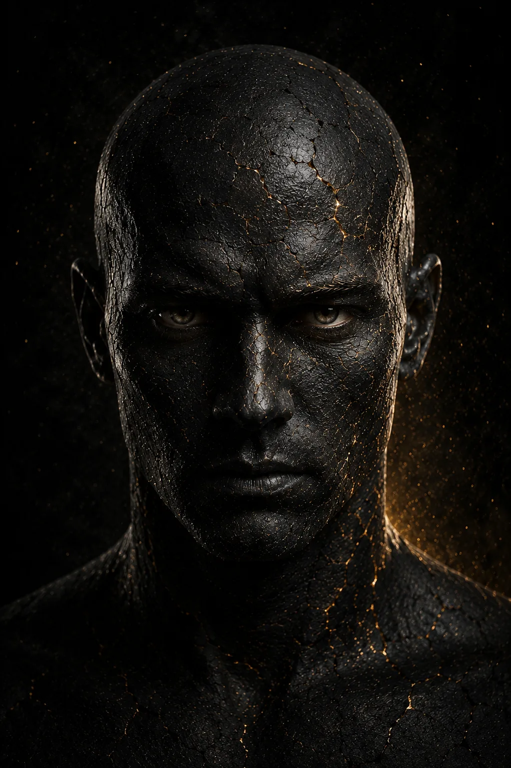A man's face carved from cracked black stone laced with faint gold