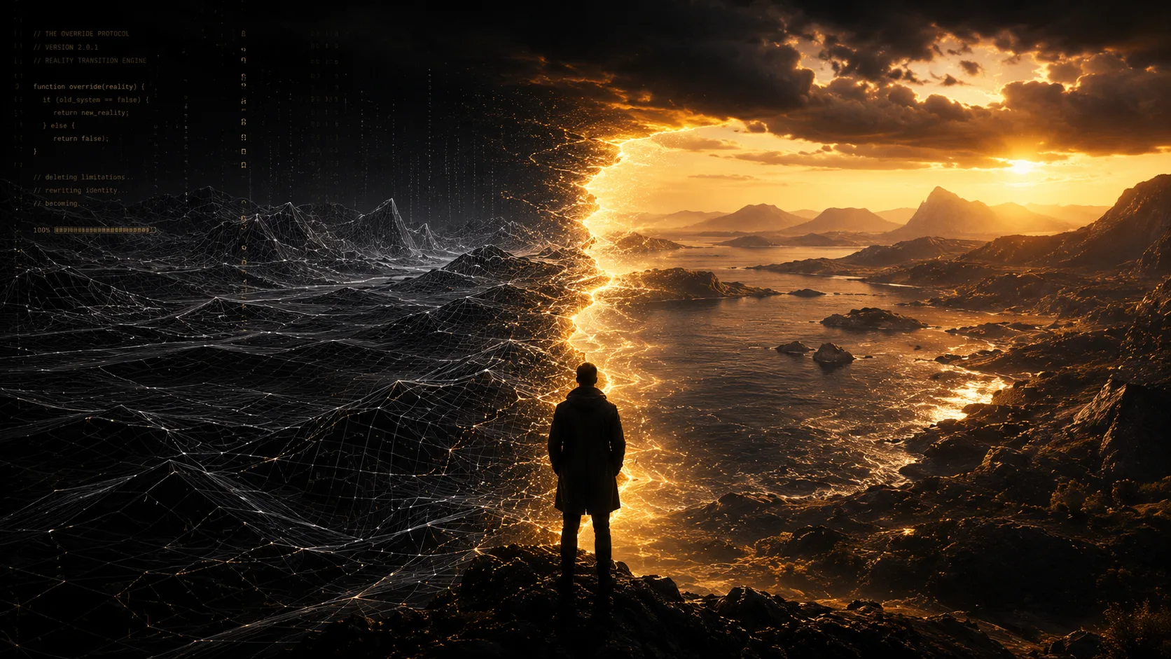 A figure at the seam between a dark wireframe world and a gold-lit rendered reality